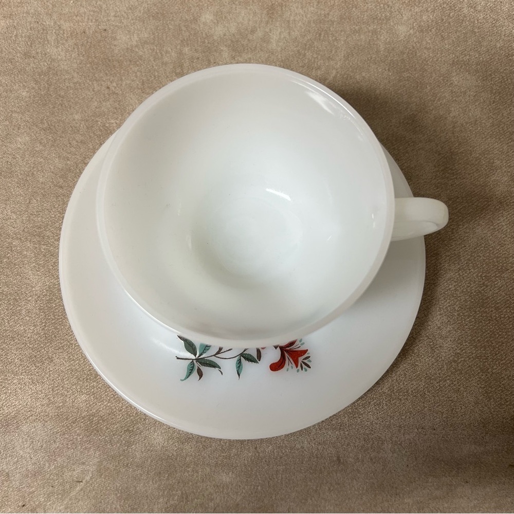 Anchor Hocking Fire King Honeysuckle Coffee Teacup And Saucer Set USA Milk Glass - Picture 4 of 4